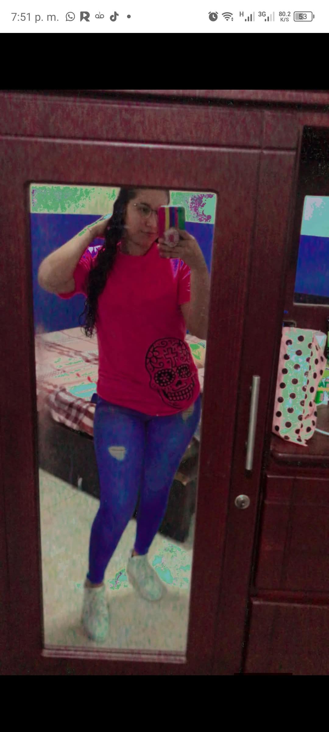 Fuchsia Sugar Skull Shirt Blue Leggings Mirror Selfie