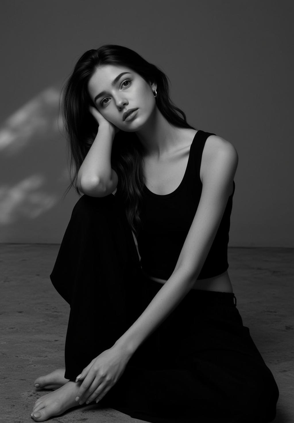Photorealistic Black And White Medium Shot Portrait Young Woman With