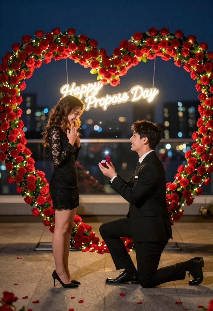A man kneeling to present a sparkling diamond ring in an open box to a smiling woman against a blurred city backdrop.