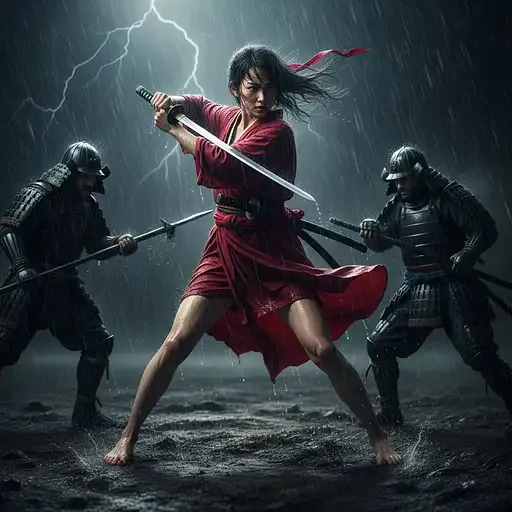 Beautiful Japanese Female Warrior Wearing Short Red Kimono Blown Wide