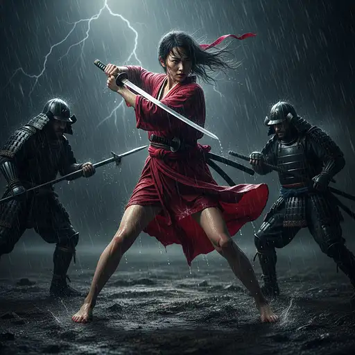Beautiful Japanese Female Warrior Wearing Short Red Kimono Blown Wide