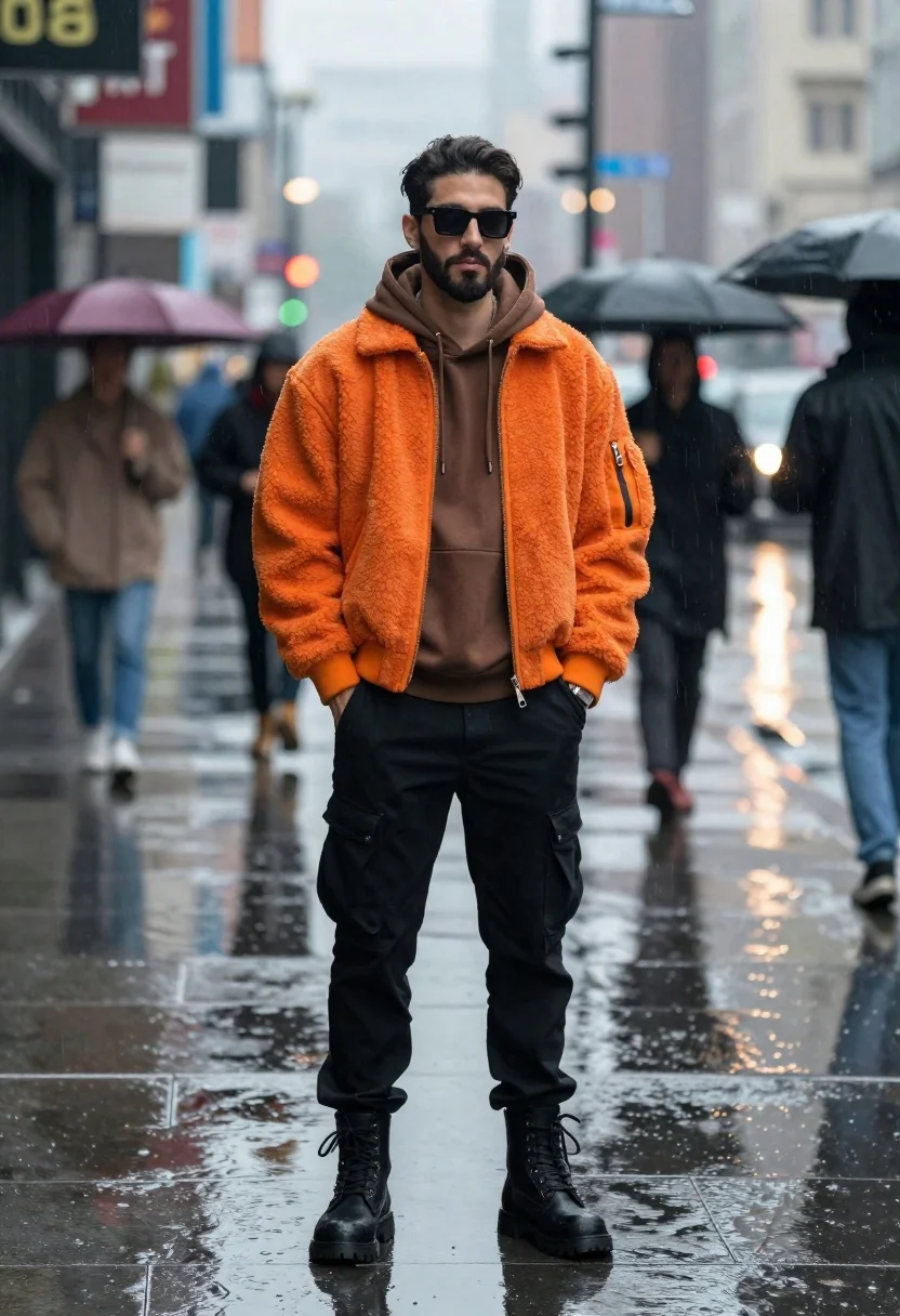 Cinematic Street Fashion Portrait Stylish Man Standing Confidently Wet City reference photo
