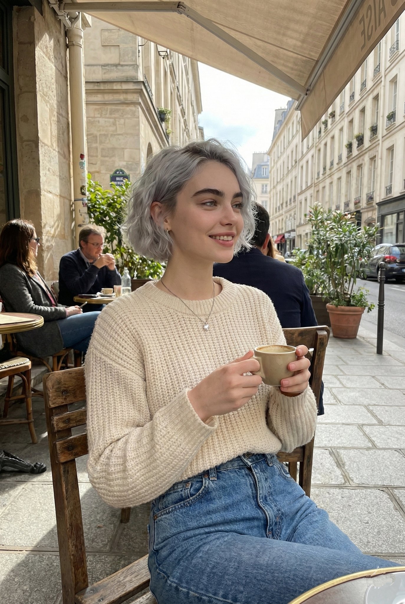 A young woman with silver-gray hair, seated at a Parisian café, holding a coffee cup surrounded by classic European architecture.