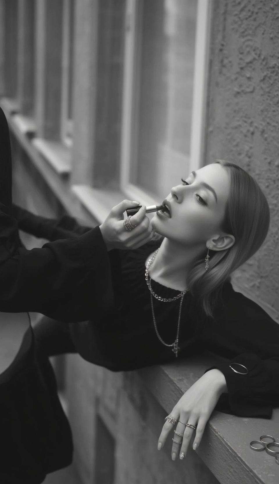 Black Long-sleeved Shirt Black Skirt Leaning on Ledge Applying Lipstick
