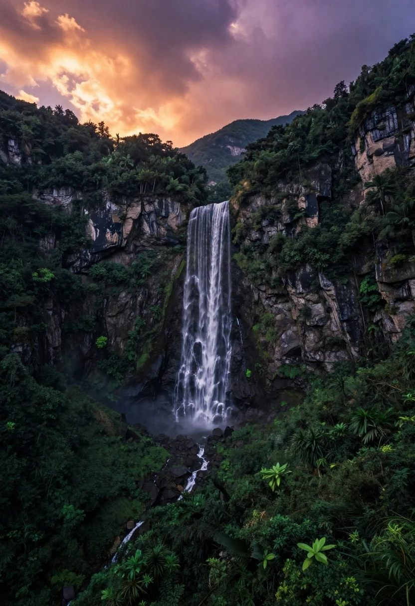 Majestic High-angle View Powerful Waterfall Cascading Down Steep Cliff Face