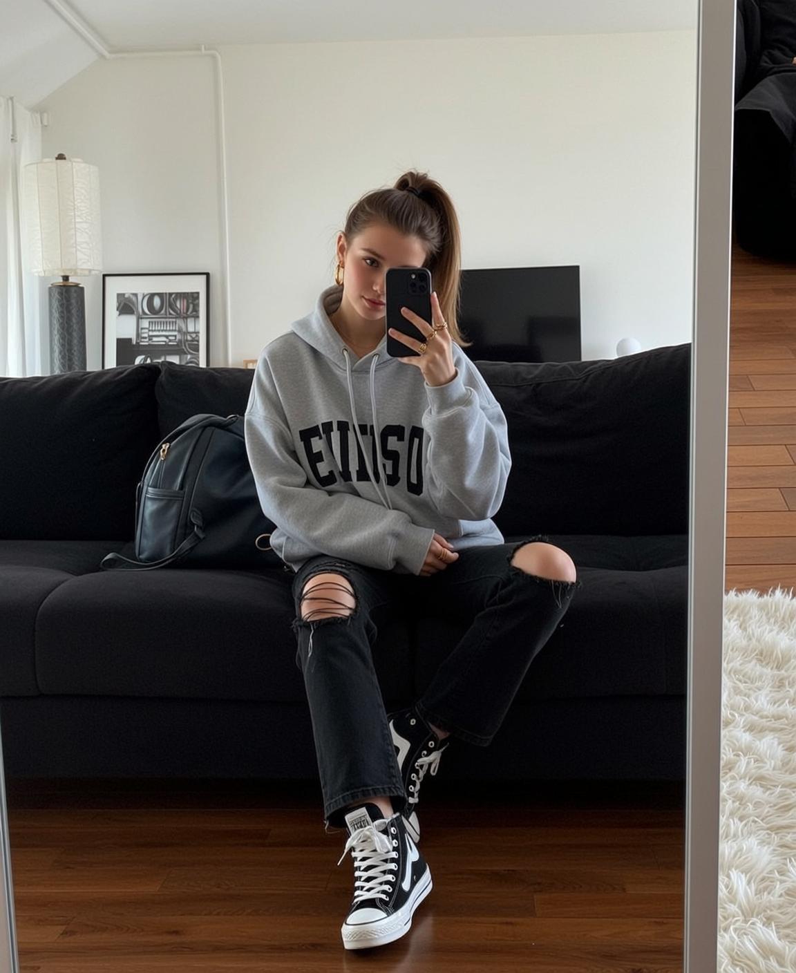 Grey Hoodie Ripped Jeans Couch Selfie