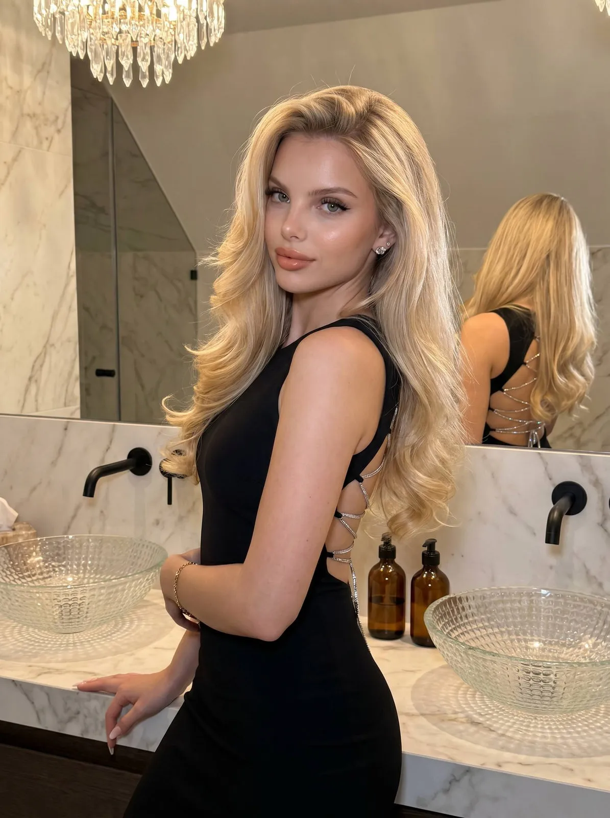 Long Hair Black Dress Rhinestone Lace Up Back