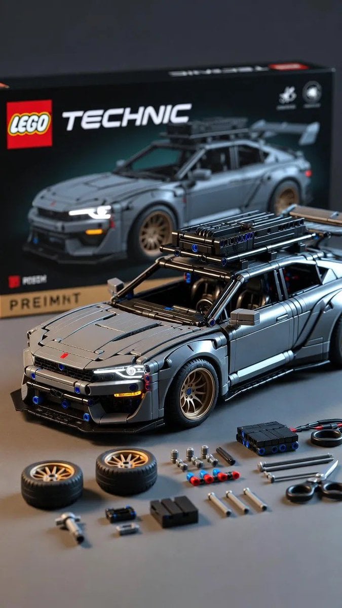 Ultra-detailed LEGO Technic vehicle model displayed on a clean surface with a blurred product box in the background.
