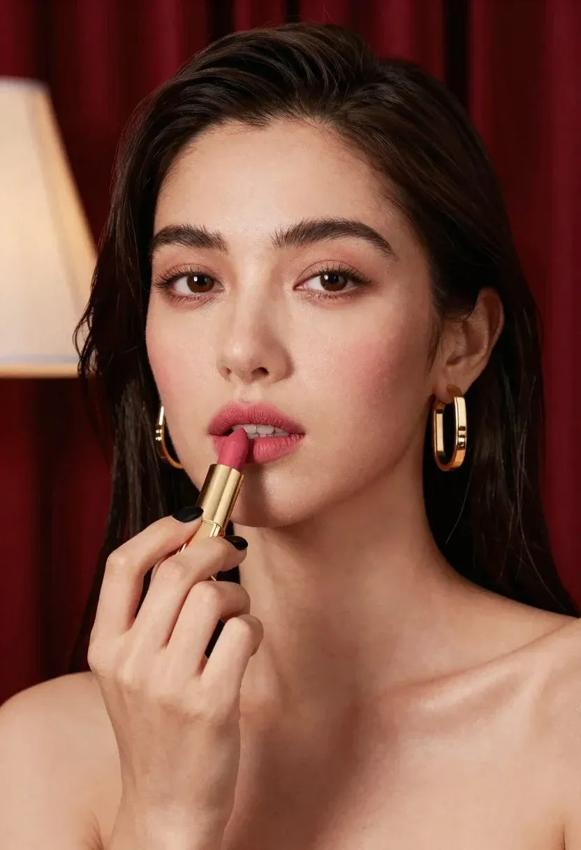 Close-up Portrait Woman With Long Dark Hair Applying Pink Lipstick