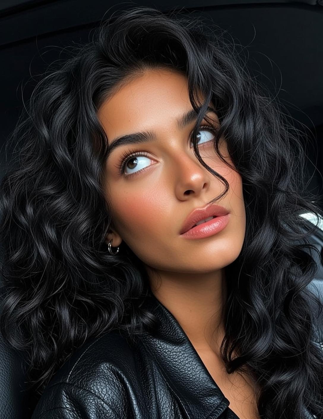 Young Woman Car Interior Leather Jacket Contemplative