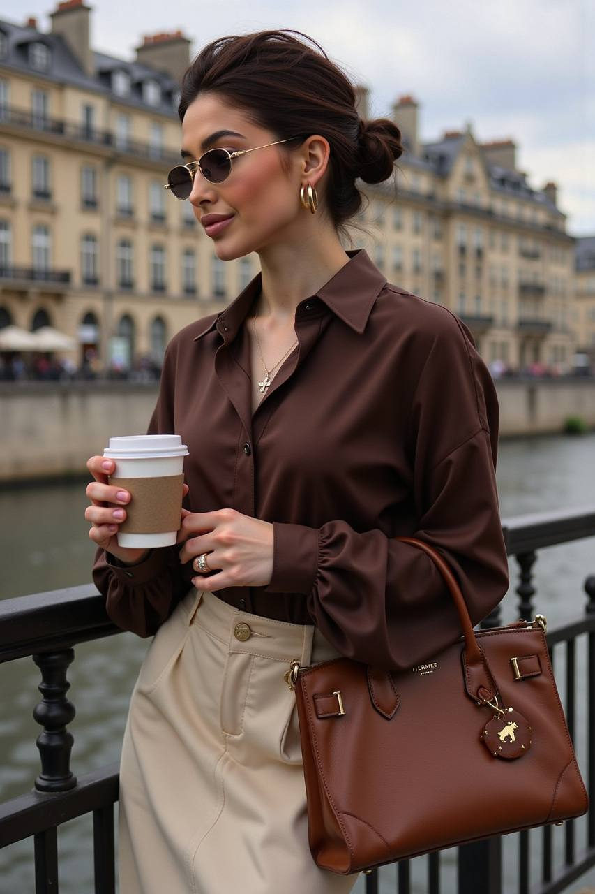 A fashion editorial portrait of a woman by the Seine River, holding a coffee cup, styled in a chic brown blouse and beige mini skirt.