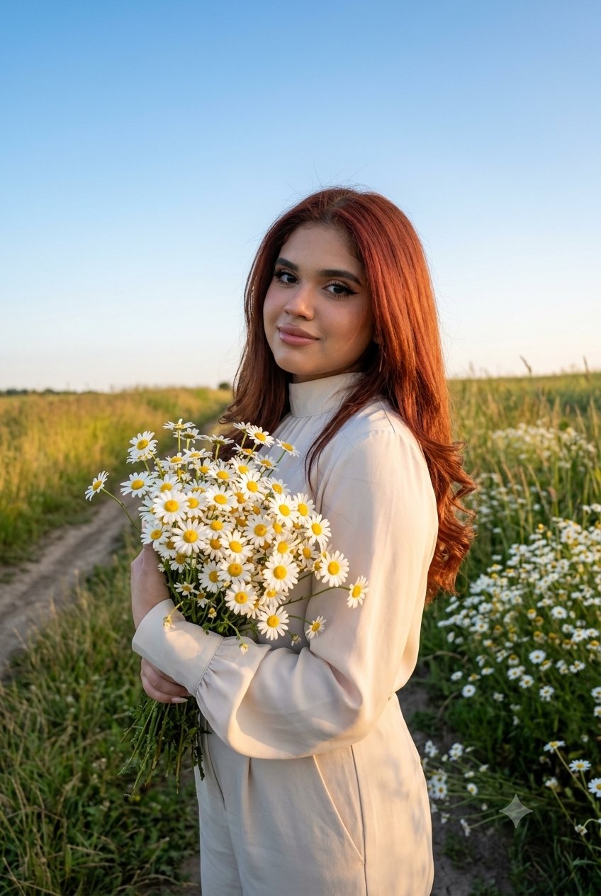 A close-up of a woman with thick, straight hair, holding a bouquet of daisies, framed by tall green grass and a blue sky.