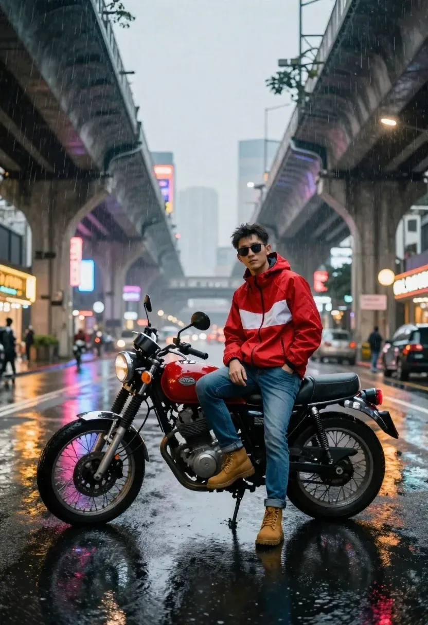 Photorealistic Street Photography Young Man Sitting Classic Motorcycle Heavy Rain
