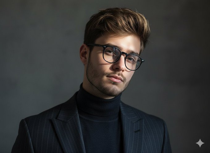 A medium close-up portrait of a man wearing a dark navy pinstriped blazer and black eyeglasses against a muted dark grey background.
