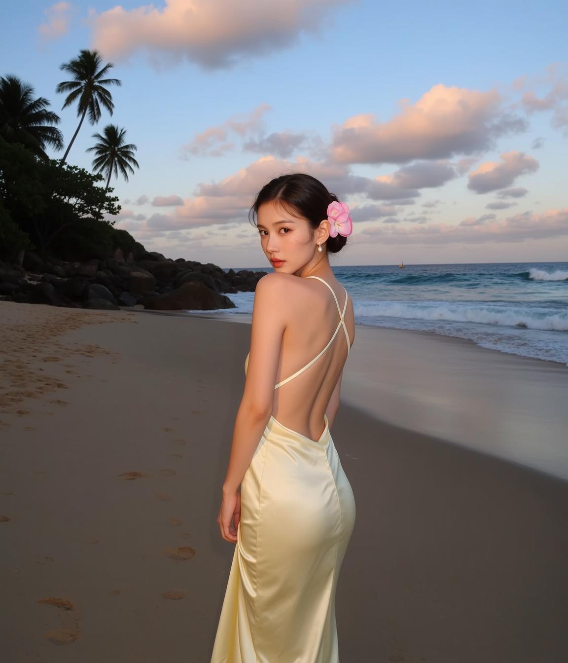 Yellow Satin Dress Tropical Beach