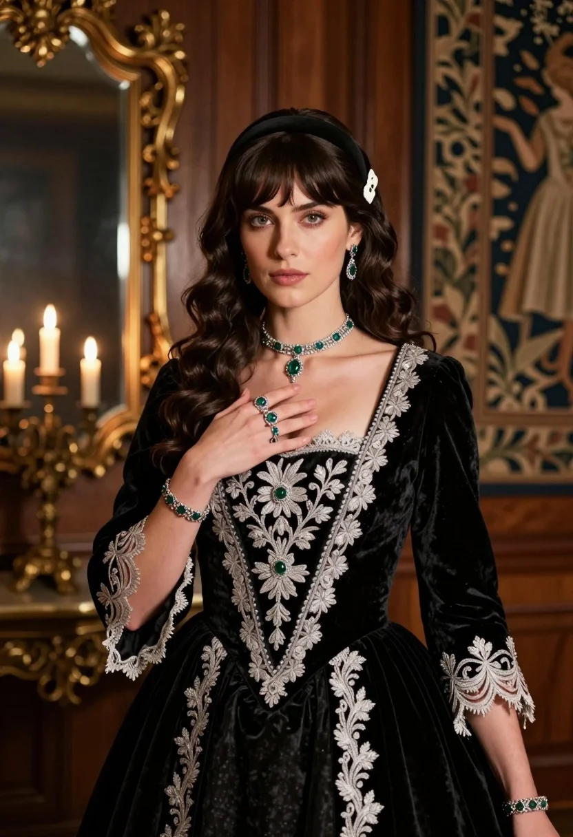 Woman With Dark Wavy Hair And Bangs Stands Richly Decorated