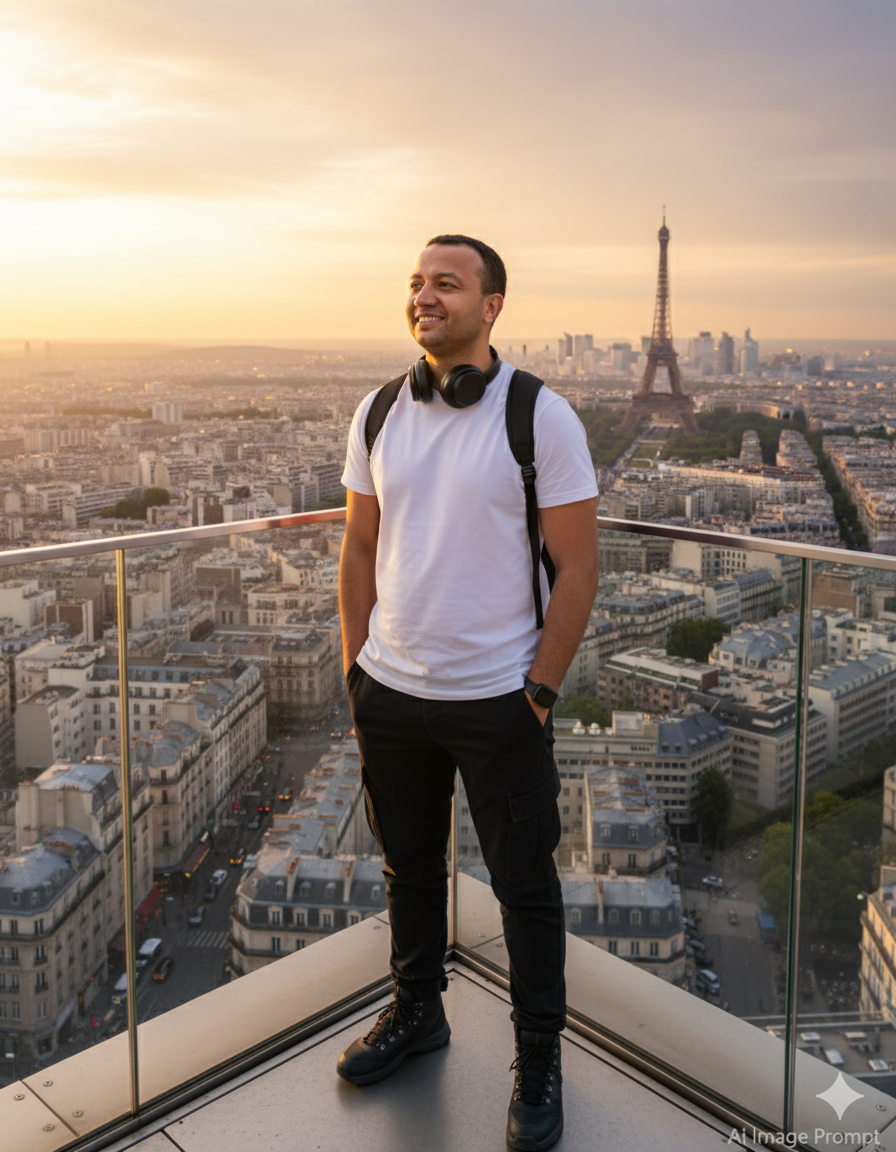 A young man stands proudly atop a famous Paris tower, overlooking a breathtaking skyline with the Eiffel Tower, wrapped in golden daylight.