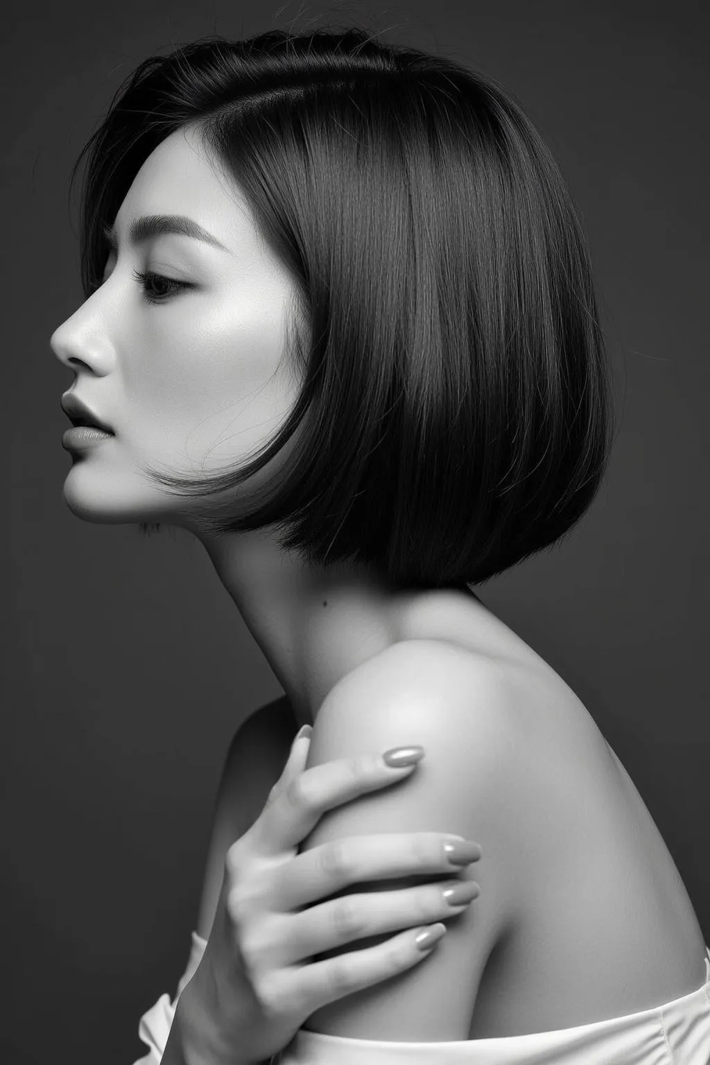 Photorealistic Black And White Portrait Shows Young Asian Woman Profile