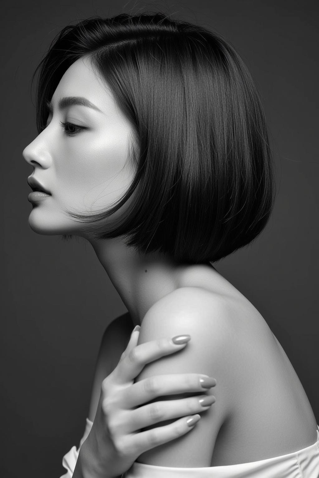Photorealistic Black And White Portrait Shows Young Asian Woman Profile