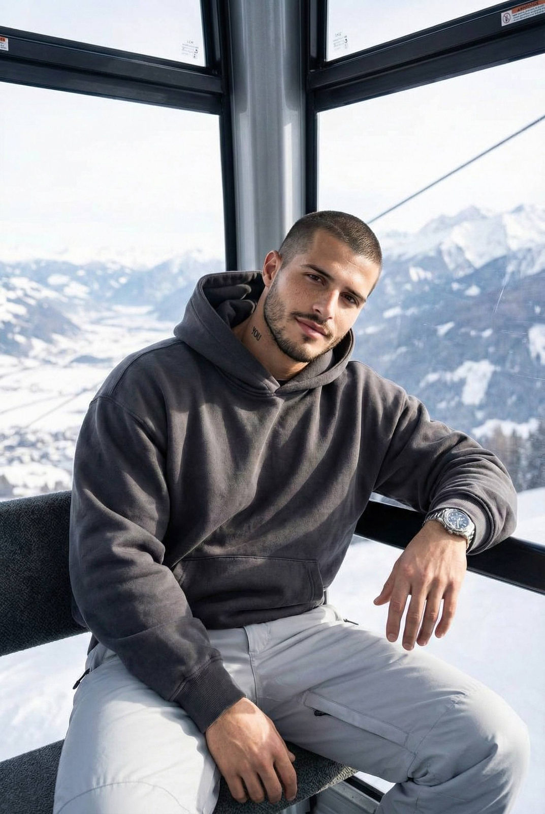 A man seated in a ski lift cabin, wearing a charcoal-grey hoodie and light grey ski pants, gazing out at a panoramic snowy valley.