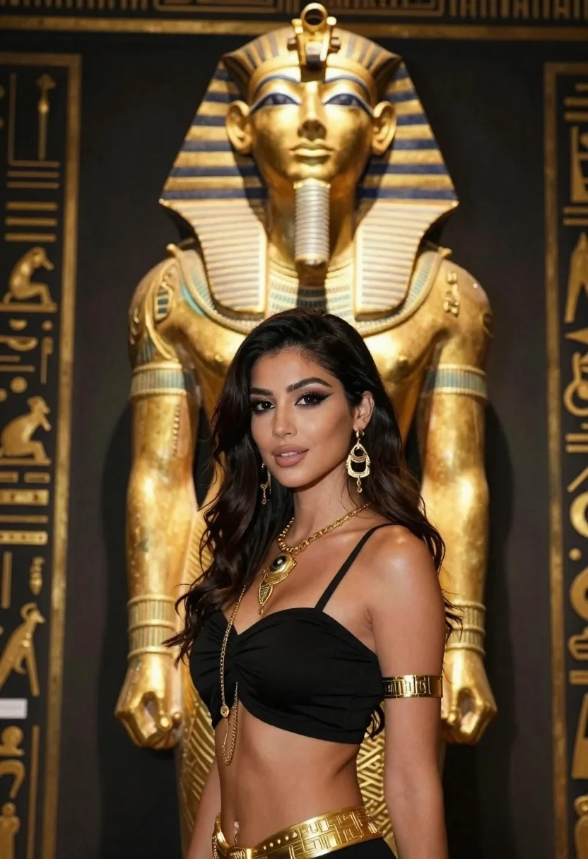 Woman Poses The Foreground Wearing Black Strap Top And Elaborate reference photo