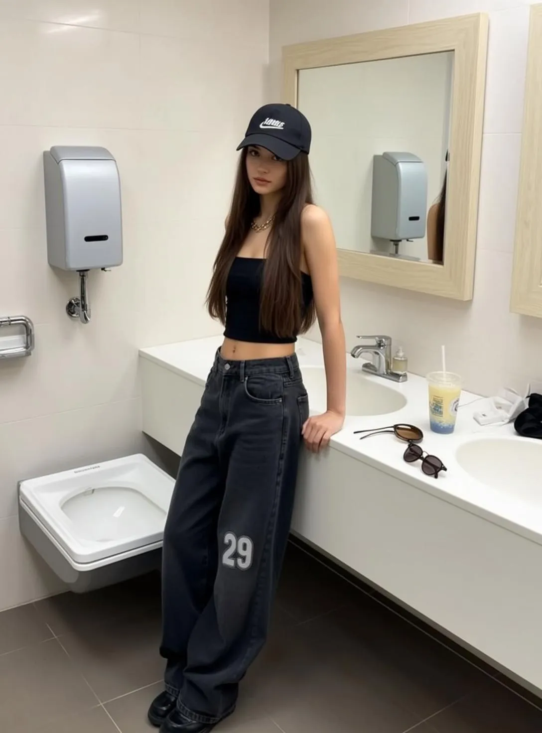 Sunglasses And Necklace In Public Restroom