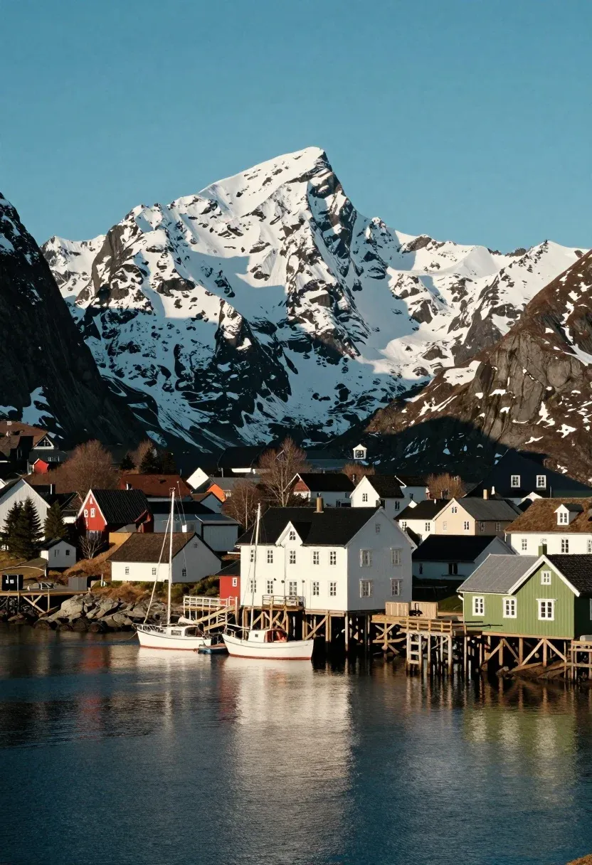 Scenic Coastal Town Nestled The Foot Towering Snow-capped Mountains Under