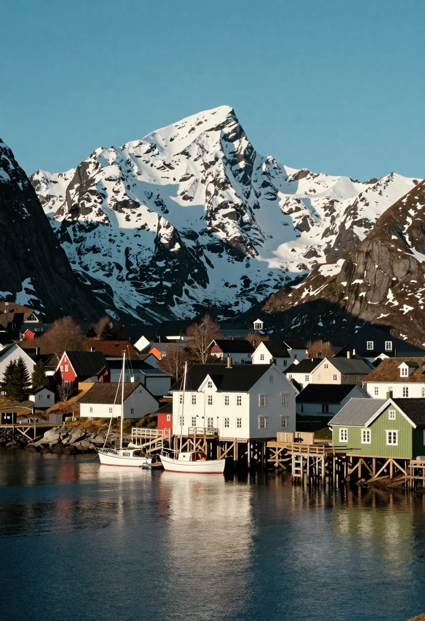 A scenic harbor town with colorful buildings under snowy mountains and bright blue sky.