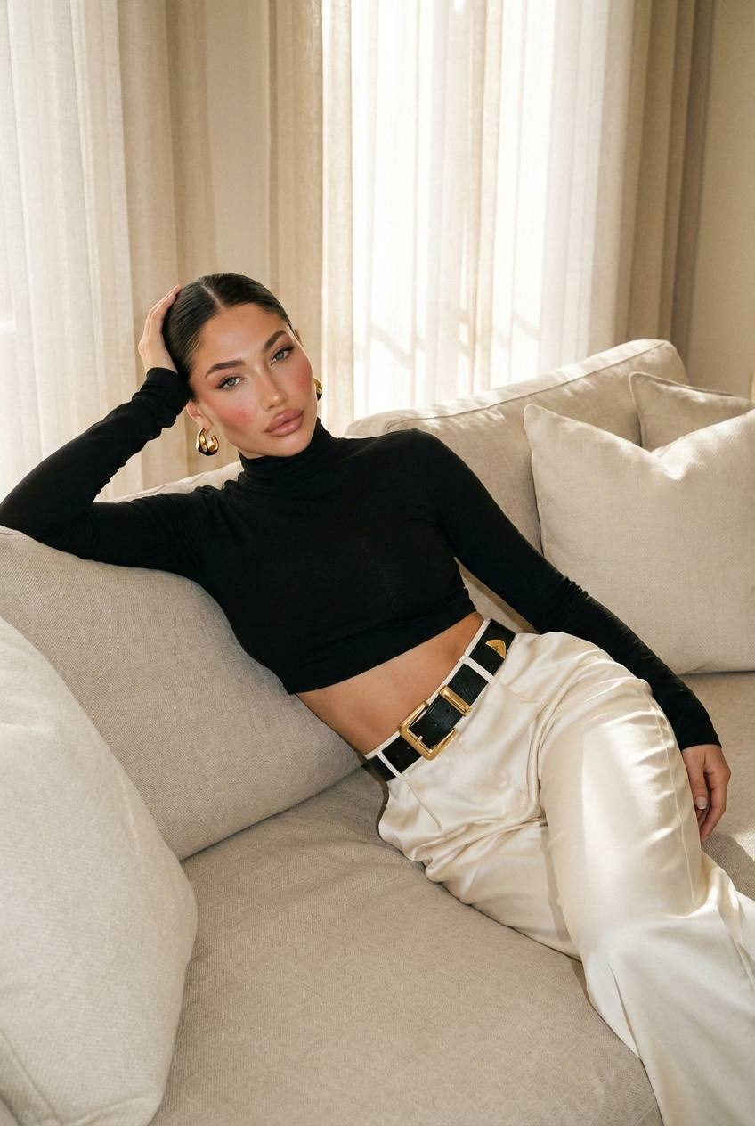 A woman reclining on a beige sofa, dressed in a fitted high-neck top and high-waisted trousers, with warm daylight filtering through sheer curtains.