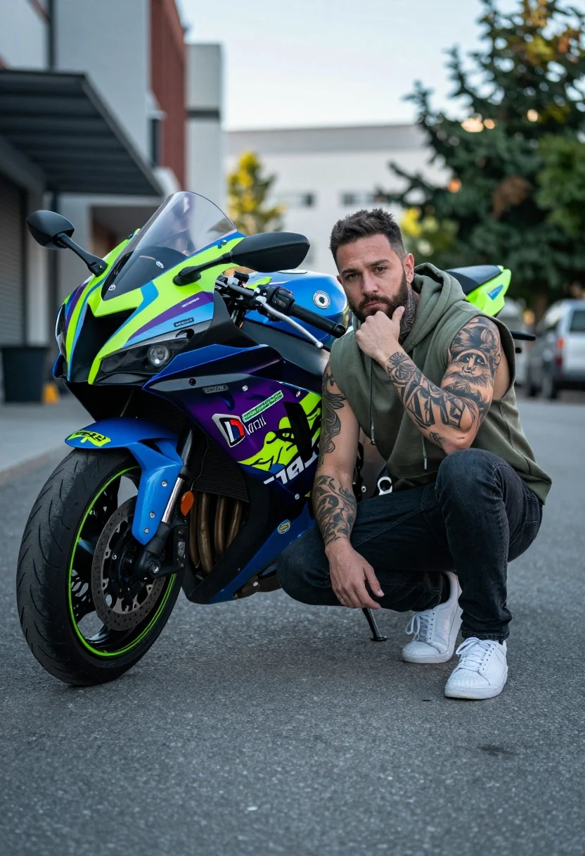 Man Crouching Next Custom Motorcycle Urban Setting Subject Man With