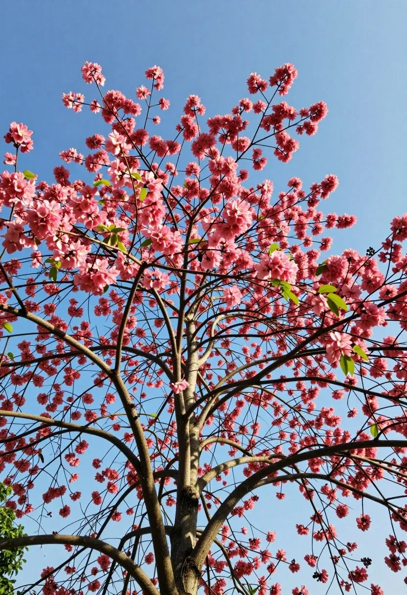 Low-angle View Looking Into The Canopy Flowering Tree Against Clear