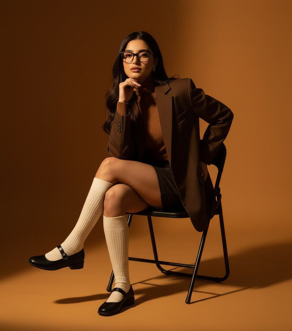 Full-body portrait of a person sitting elegantly on a folding chair, wearing a chocolate blazer and stylish glasses, bathed in warm light.