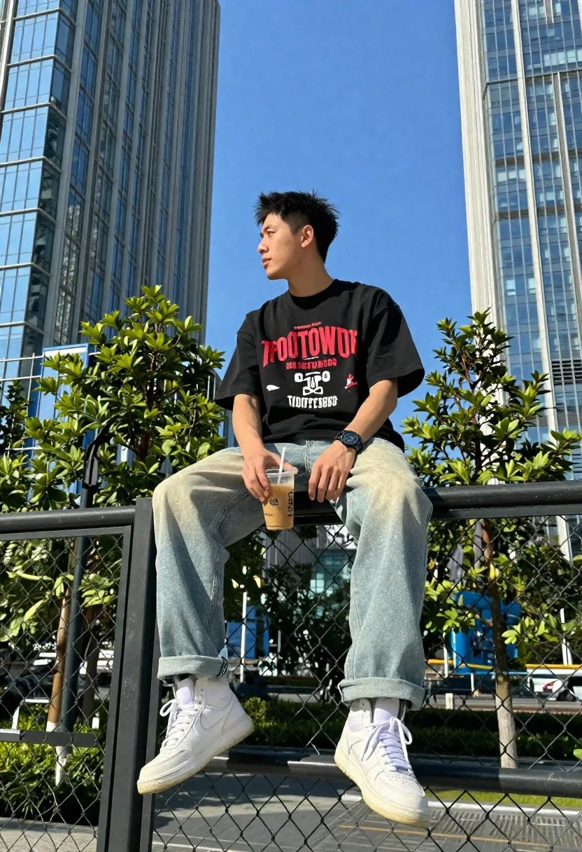 Medium Shot Young Man Sitting Casually Top Chain-link Fence Under reference photo