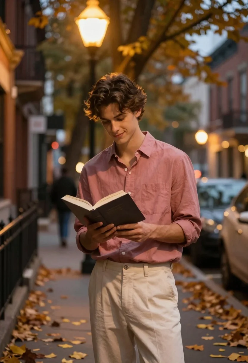 Young Man Stands Quiet City Street Reading Book Under The