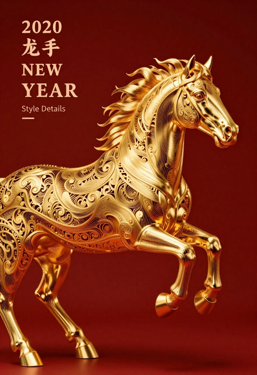 Gold Filigree Horse Galloping Against Deep Red Background Subject Elegant reference photo