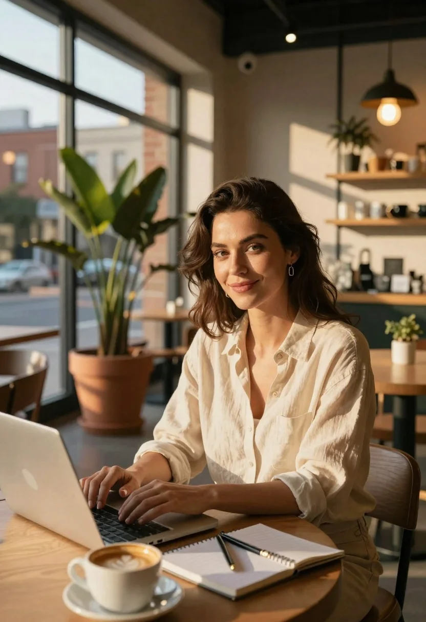 Warm Portrait Woman Working Laptop Modern Cafe During Golden Hour reference photo