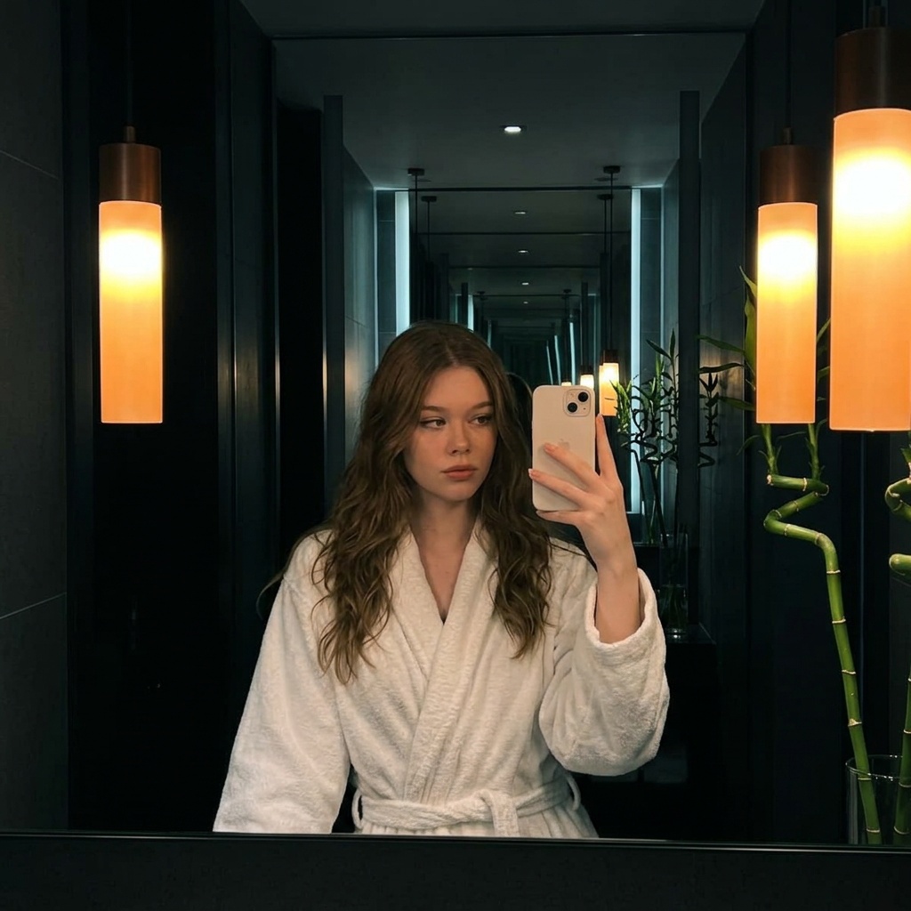 Person in a plush white bathrobe taking a mirror selfie in a dimly lit room with warm pendant lights.