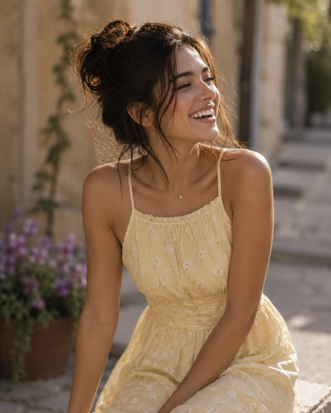 A joyful woman in a yellow floral sundress smiles in a sunlit rustic alleyway, framed by soft-focus purple flowers.