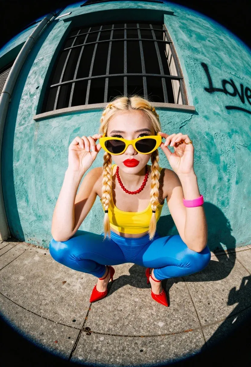 Young Woman With Blonde Hair Styled Two Braids Squats Concrete