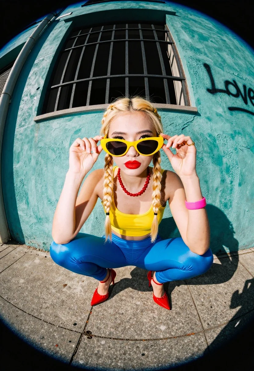Young Woman With Blonde Hair Styled Two Braids Squats Concrete