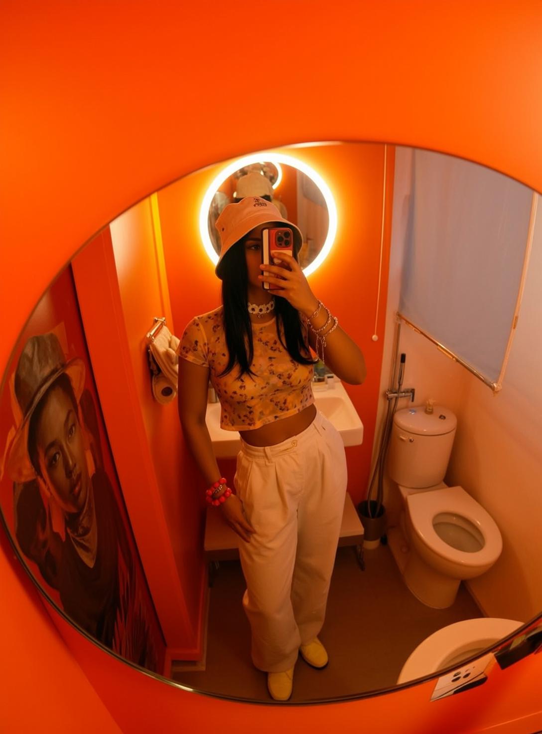 Yellow Floral Crop Top White Pants Mirror Selfie