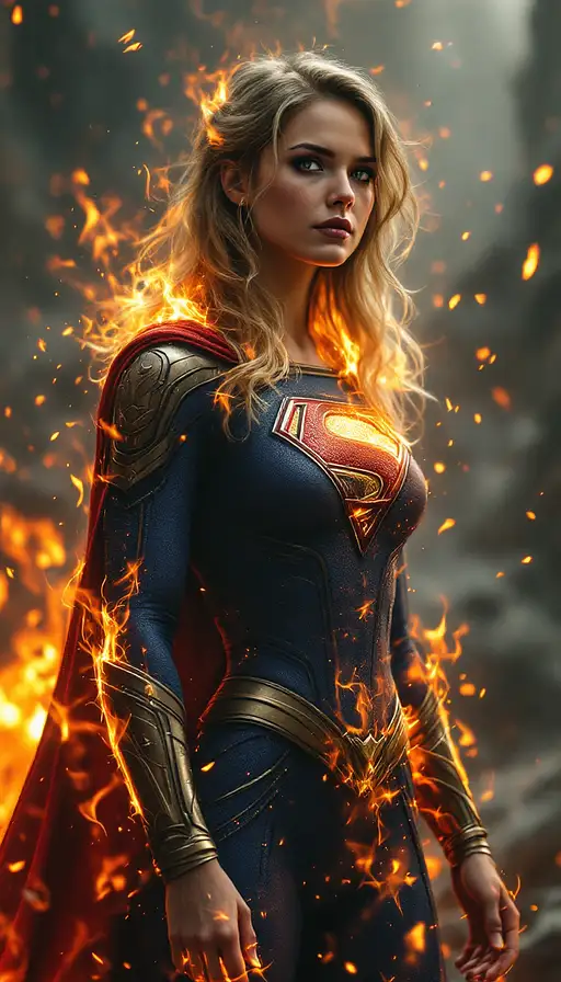 A fully body portrait of Supergirl rising from ashes with intricate details and soft lighting.