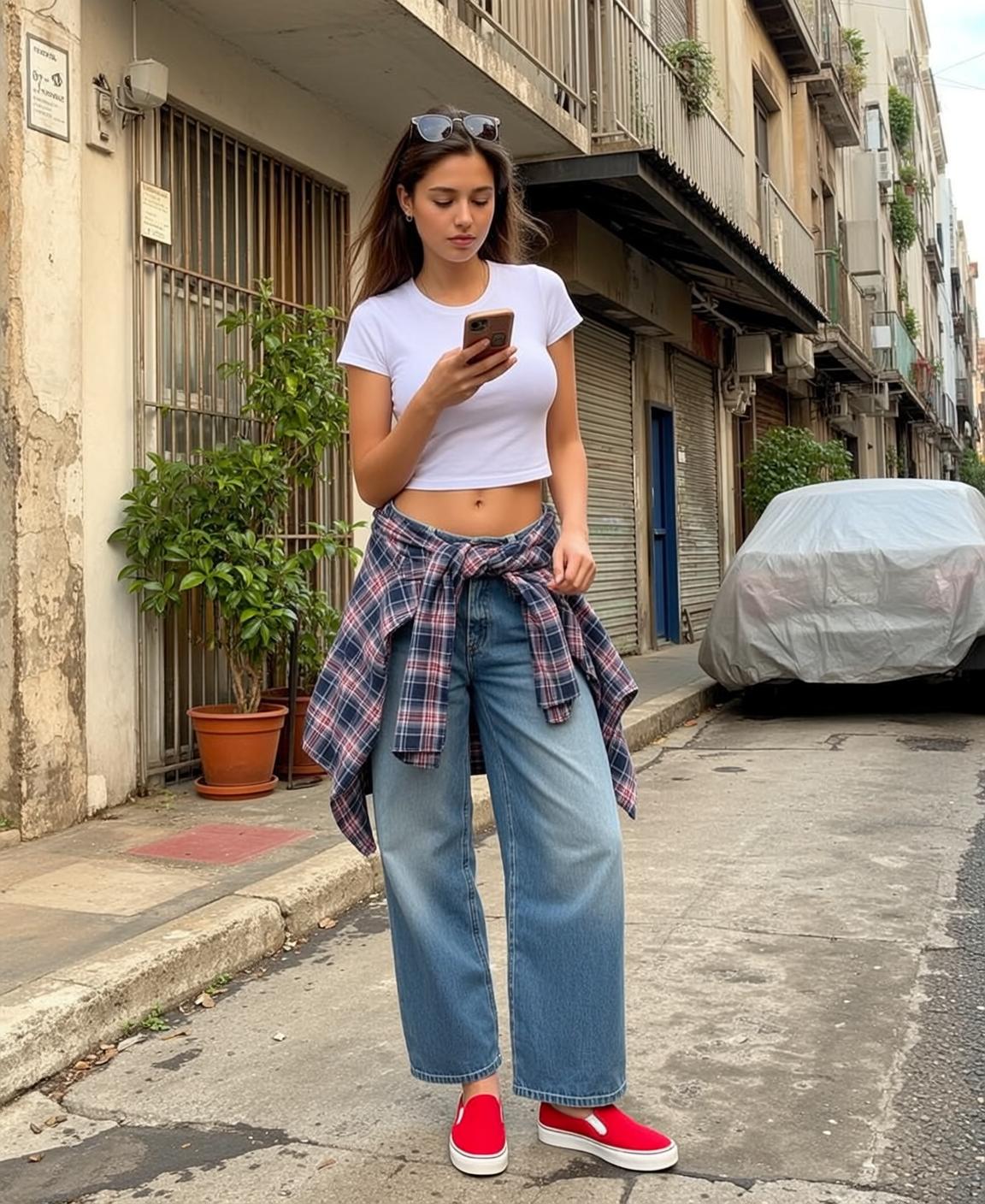 White Crop Top Plaid Waist