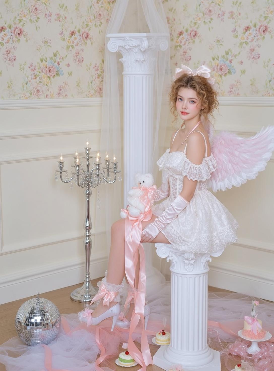 Balletcore Young Curly Blonde Hair Tied Pink