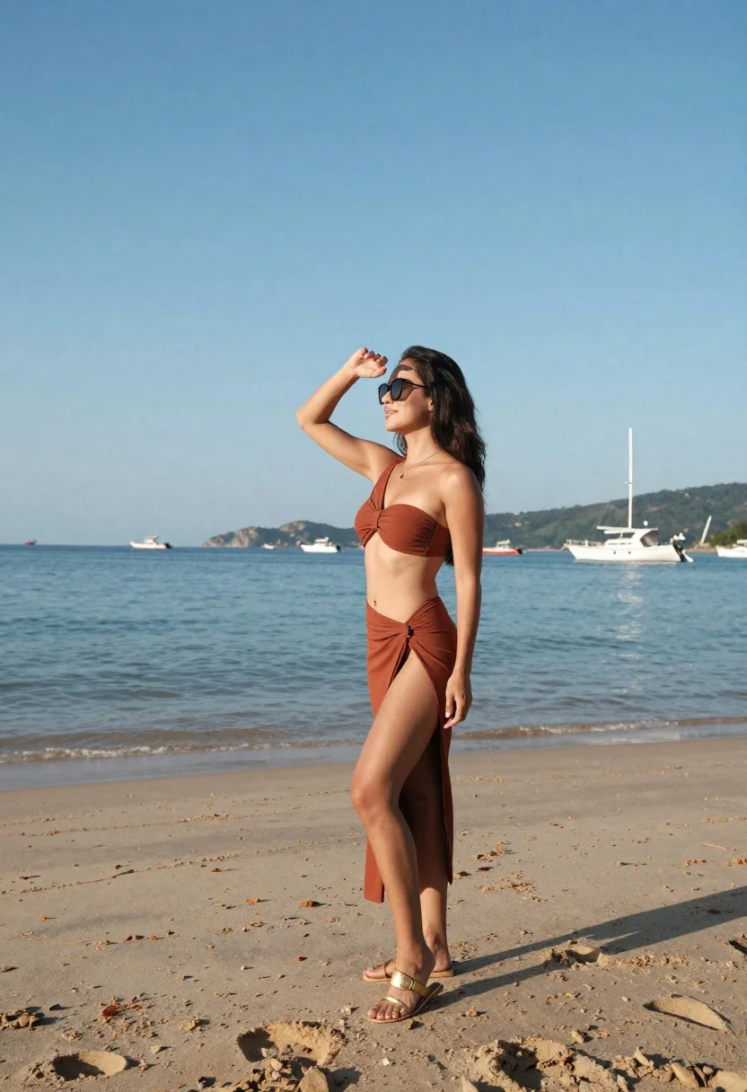 Woman Stands Sandy Beach Shielding Her Eyes From The Sun reference photo