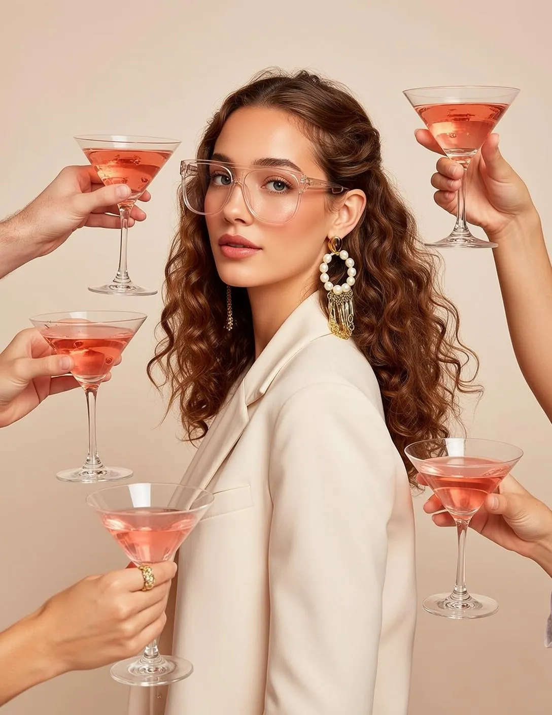 Woman Cream Blazer Pearl Earrings Clear Glasses