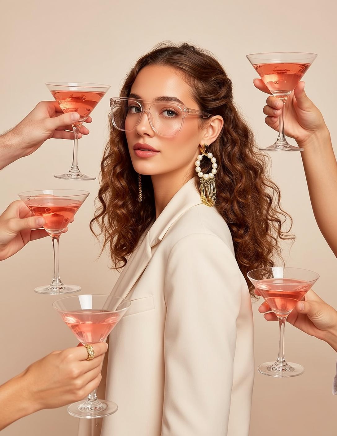 Woman Cream Blazer Pearl Earrings Clear Glasses