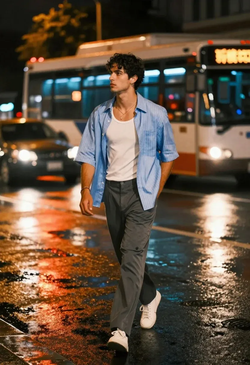 Young Man With Dark Curly Hair Walks Confidently Across Wet