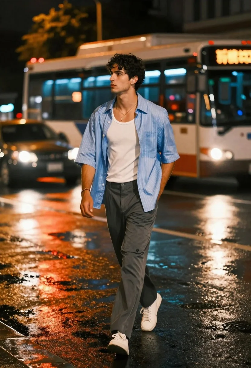 A young man with dark curly hair walking confidently across a wet city street illuminated by warm streetlights.