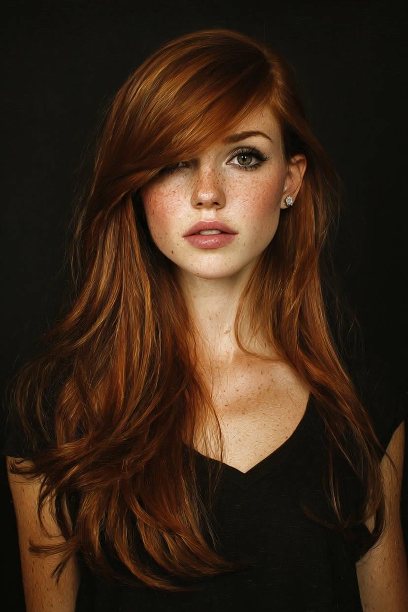 A high-resolution close-up portrait of a person with long, flowing vibrant copper-red hair styled with a deep side part against a matte black background.